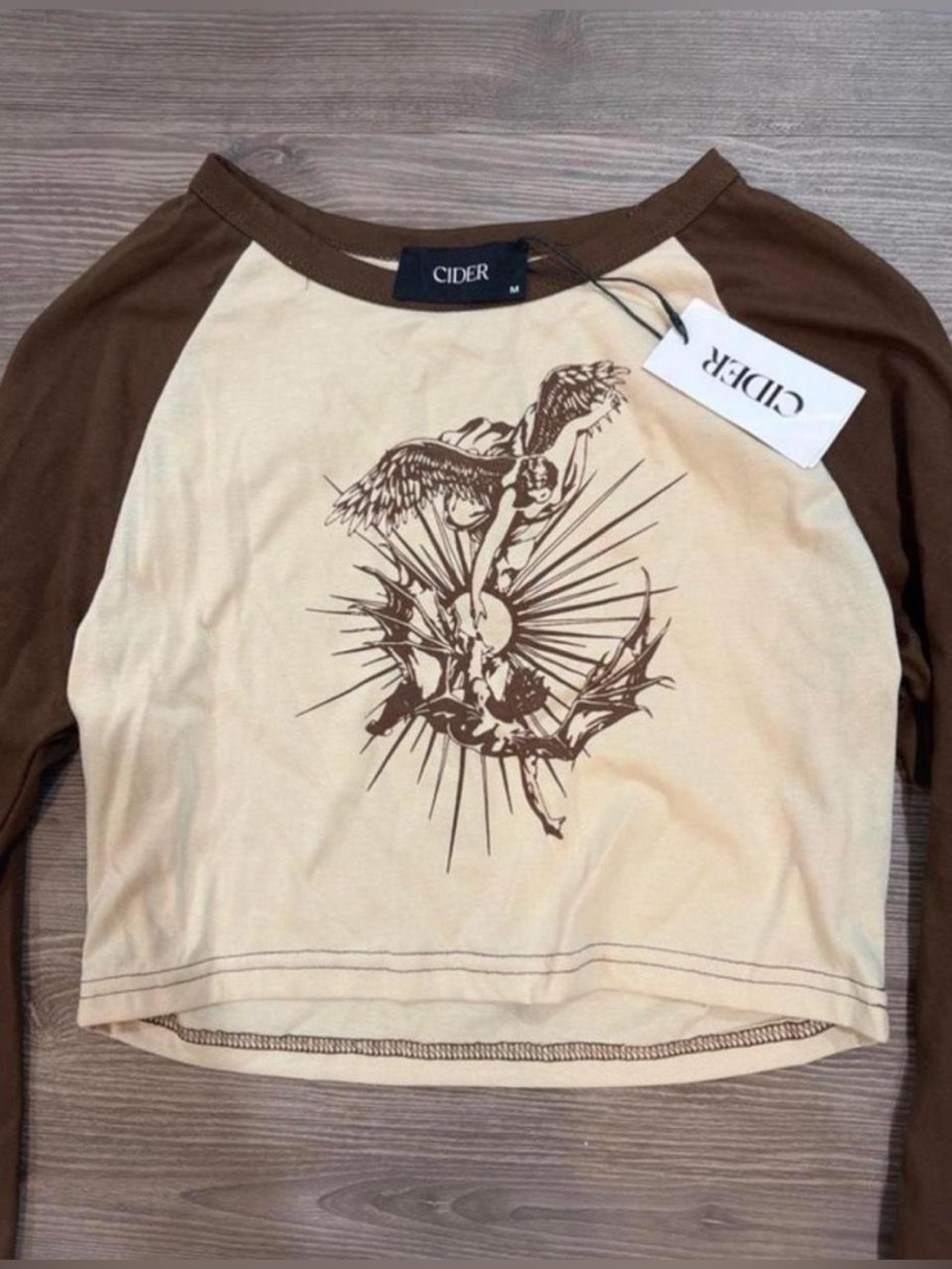 Cider Beige Body with Brown Raglan Graphic Long-Sleeve Cropped Tee